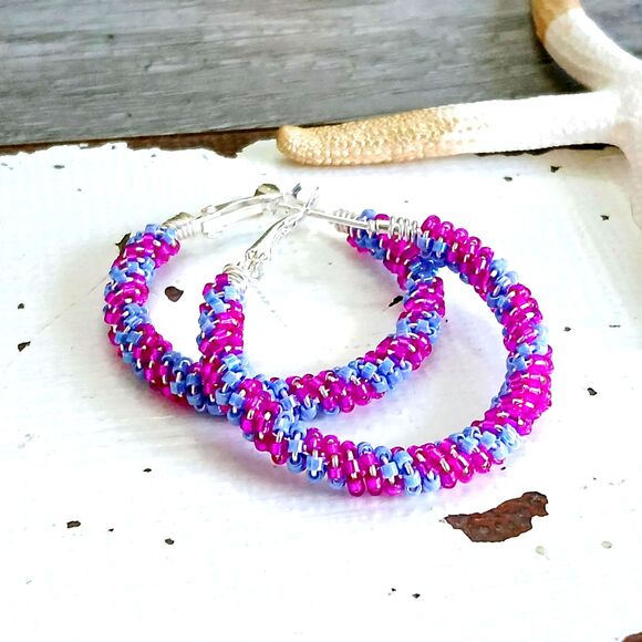 Pink & Purple Beaded Hoop Earrings, Seed Bead Jewelry Boho Handmade - Picture 1 of 3